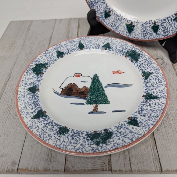 Hudson Bay 1999 Salad Plates Set of 2 Vintage Sponge Paint Christmas Trees Cabin - Picture 2 of 6
